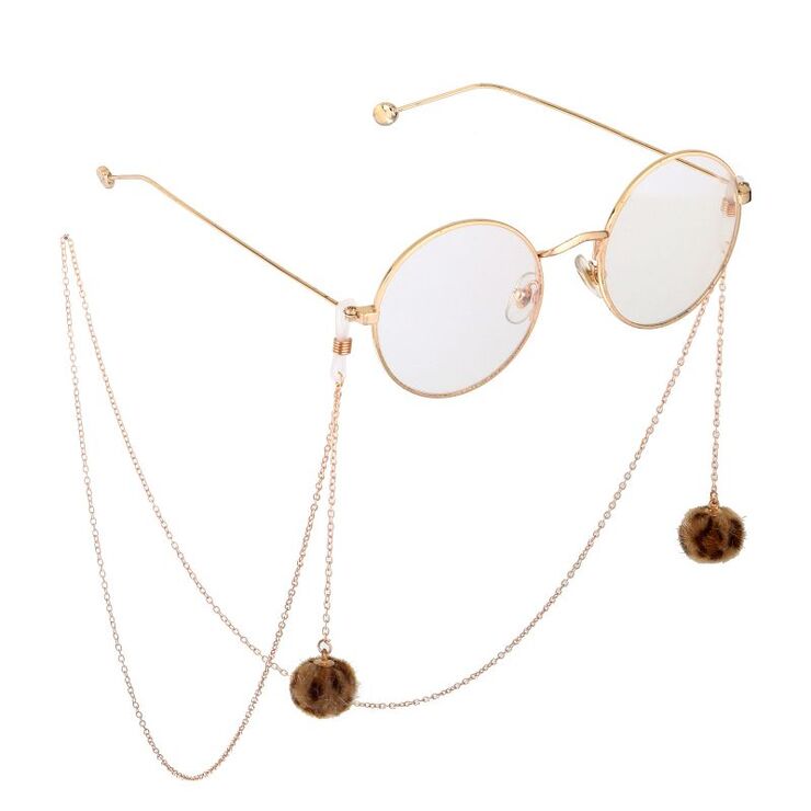 Gold-colored metal non-slip chain, with a leopard-colored fur ball, for glasses and masks GL760