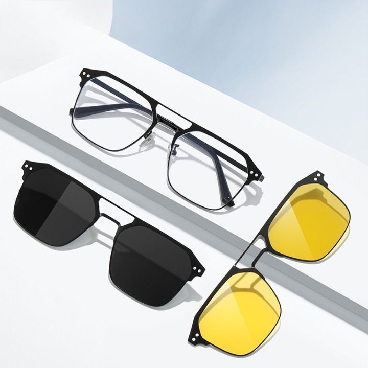 Оправа металлическая с защитой от синего света + 2 магнитные солнцезащитные насадки (клипон) 7028-GT