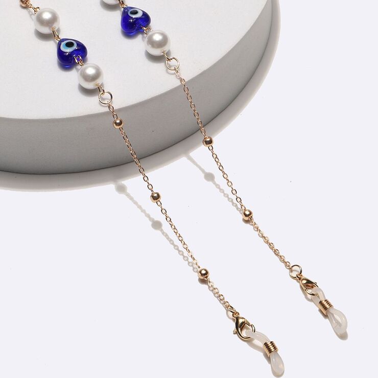 Gold-colored metal non-slip chain, with blue eyes, pearl and beads, for glasses and masks GL1736