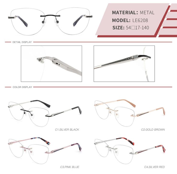 Metal rimless on screws frame for women with spring hinges LE6208-DA