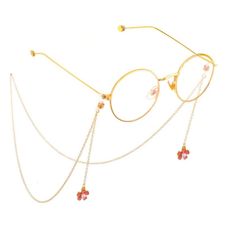 Gold-colored metal non-slip chain, with a flower and pearls, for glasses and masks GL564