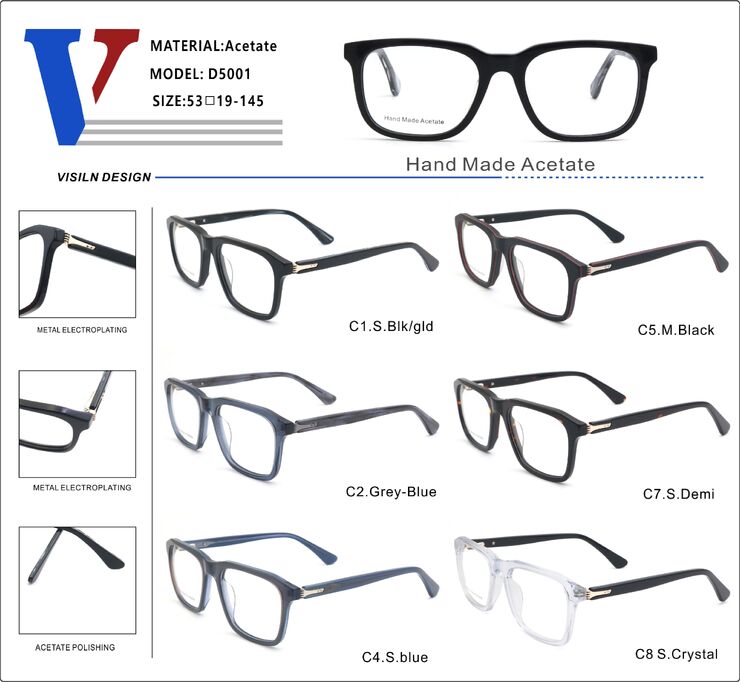 Plastic acetate frame with spring hinges D5001-DA