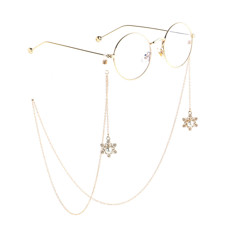 Gold-colored metal non-slip chain, with pendant snowflake with pearl, for glasses and masks GL826