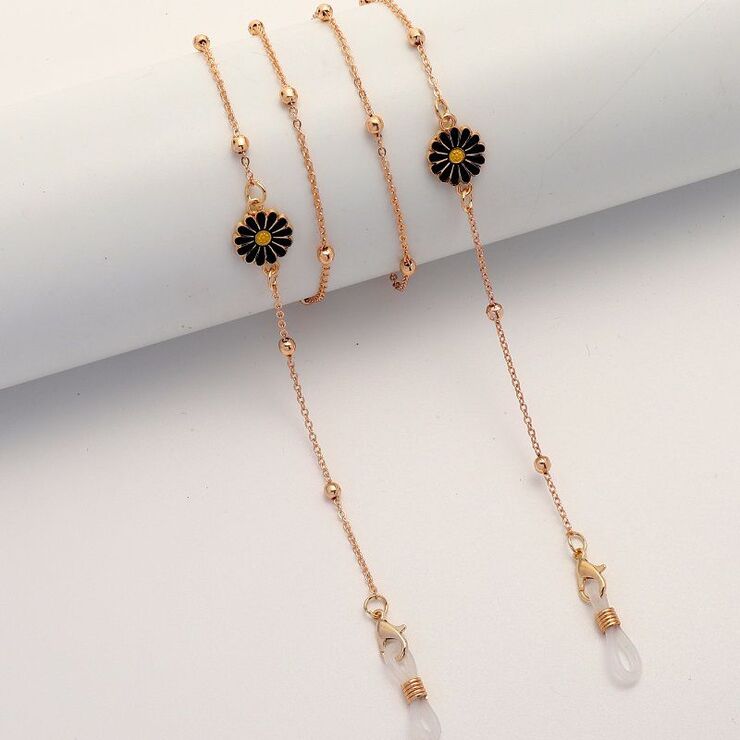 Металлическая нескользящая цепочка золотого цвета, с черной ромашкой и бусинами, для очков и масок GL1857