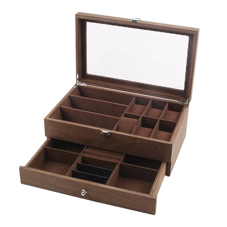 Glasses, frames and accessories holder display with cover and drawer, 3 places for glasses, brown