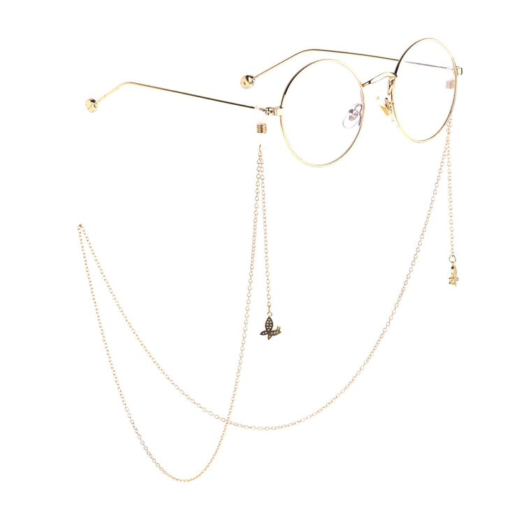 Gold-colored metal non-slip chain, with pendant butterfly with zircon, for glasses and masks GL807
