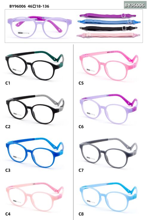 TR90 plastic eyeglasses frame for kids with silicone temple with memory (replaces spring hinge) + rubber band BY96006