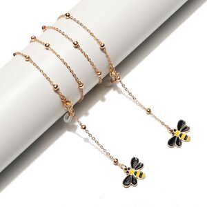 Gold-colored metal non-slip chain, with pendant bee and beads, for glasses and masks GL1508
