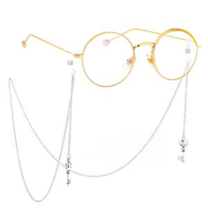 Silver-colored metal non-slip chain, with pendant skull key, for glasses and masks GL484