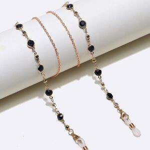 Gold-colored metal non-slip chain, with black crystal and pearl, for glasses and masks GL1392