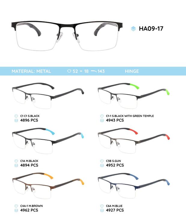 Metal frame with temples made of TR-90 material with a bendable tip HA09-17