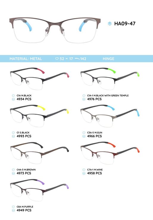 Metal frame with temples made of TR-90 material with a bendable tip HA09-47