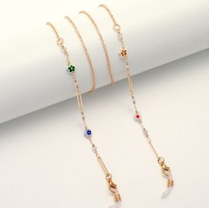 Gold-colored metal non-slip chain, with oval, flowers and crystal, for glasses and masks GL1860