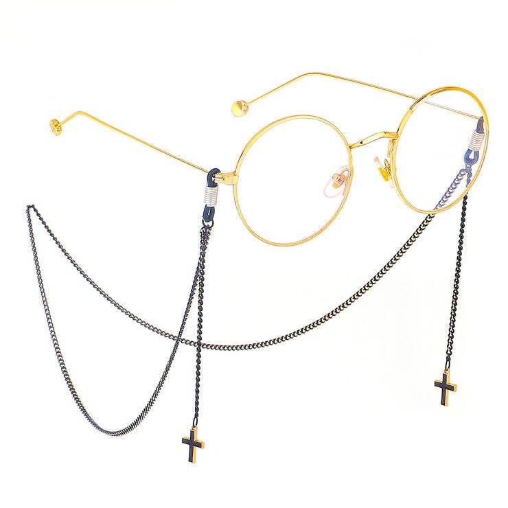 Black-colored metal non-slip chain, with pendant cross, for glasses and masks GL370