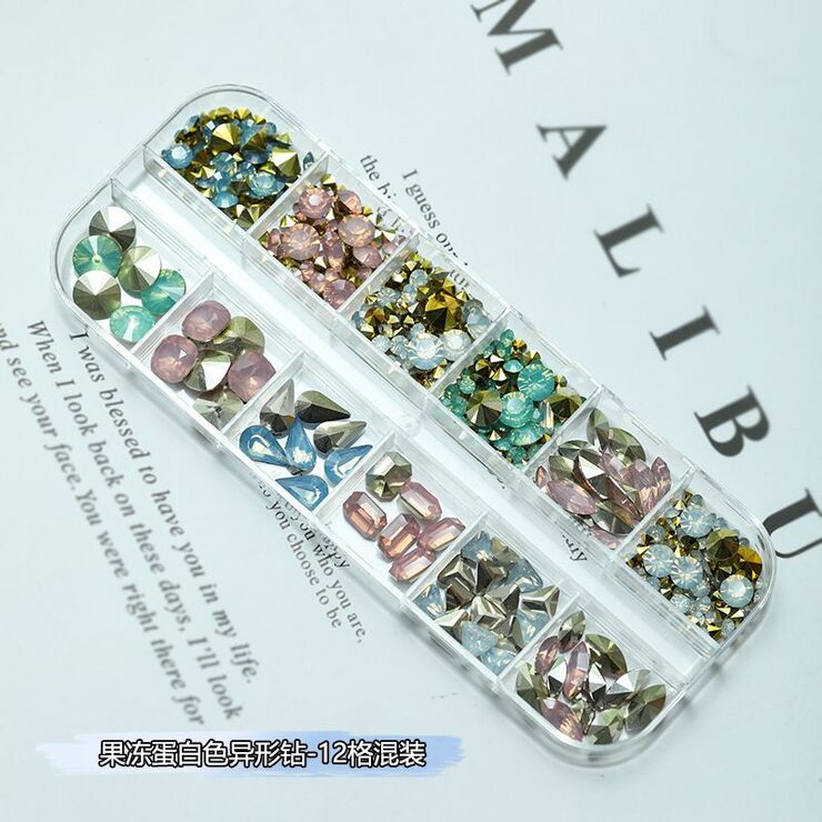 A set of rhinestones with a point bottom for decorating frames and glasses, 12 boxed,果冻蛋白色异形钻12格混装 (price per pack, minimum 3)