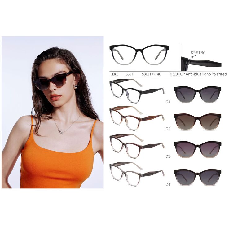 Plastic TR90+CP eyeglasses frame with blue ray cut protection, with spring hinges + sun protection polarized clip-on Leke LK8821