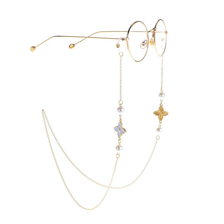 Металлическая нескользящая цепочка золотого цвета, с белым жемчужным цветком, для очков и масок GL929