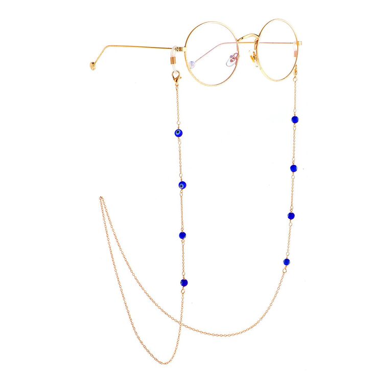 Gold-colored metal non-slip chain, with blue eye beads, for glasses and masks GL875
