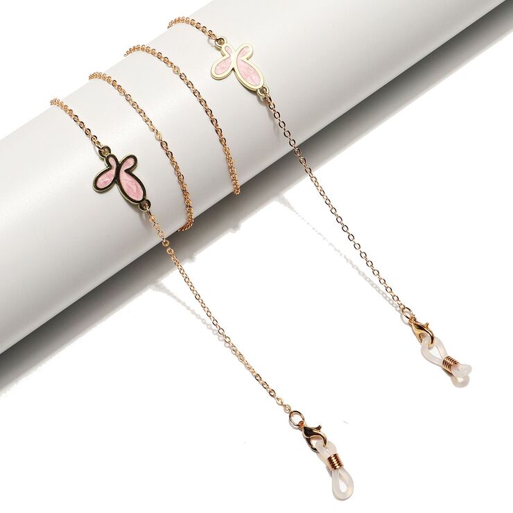 Gold-colored metal non-slip chain, with pink butterfly, for glasses and masks GL1513