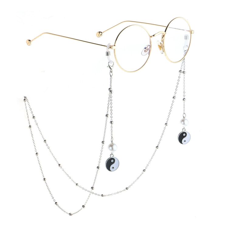 Металлическая нескользящая цепочка серебряного цвета, с черной клипсой, жемчужиной и бусинами, для очков и масок GL783