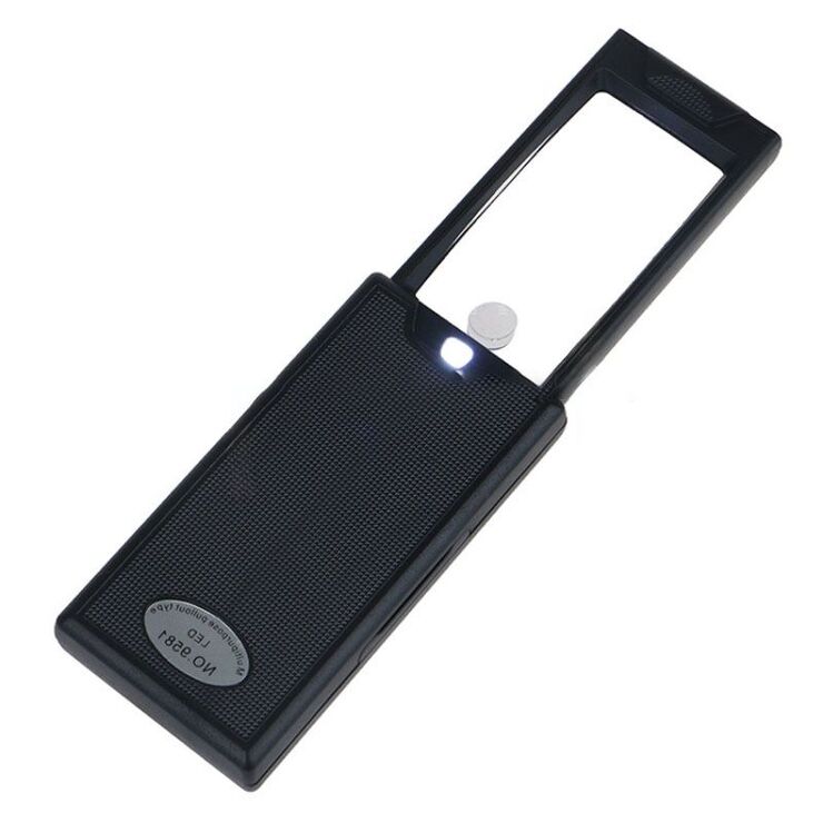 Лупа складная с универсальной подсветкой 9581-XX, размеры: 60*32 мм, ⌀9 мм. Увеличение: 2,5Х, 45Х 