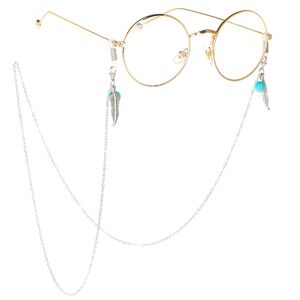 Silver-colored metal non-slip chain, with leaves and turquoise beads, for glasses and masks GL154