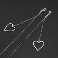 Silver-colored metal non-slip chain, with pendant heart and rhinestones, for glasses and masks GL610
