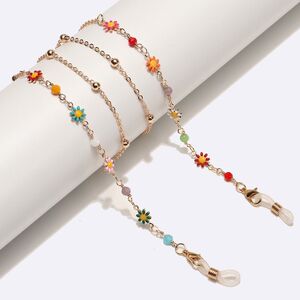 Gold-colored metal non-slip chain, with colors flower and crystal, for glasses and masks GL1716