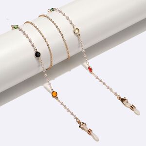Gold-colored metal non-slip chain, with colored crystal and pearl, for glasses and masks GL1548