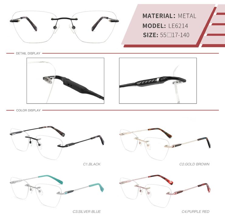 Metal rimless on screws frame for women with spring hinges LE6214-DA