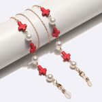 Gold-colored metal non-slip chain, with natural red stone and pearl, for glasses and masks GL1730