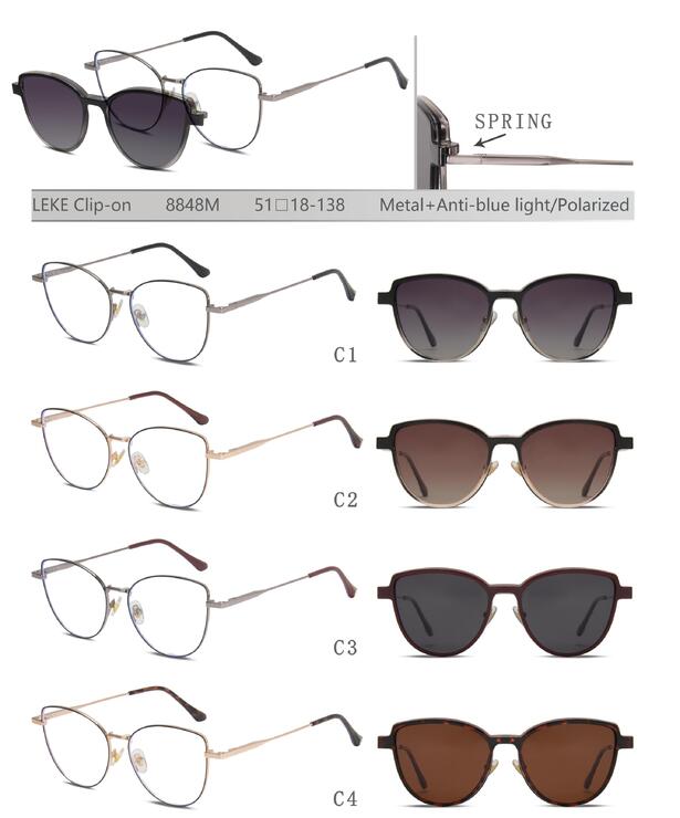 Metal eyeglasses frame with blue ray cut protection, with spring hinges + sun protection polarized clip-on Leke LK8848M